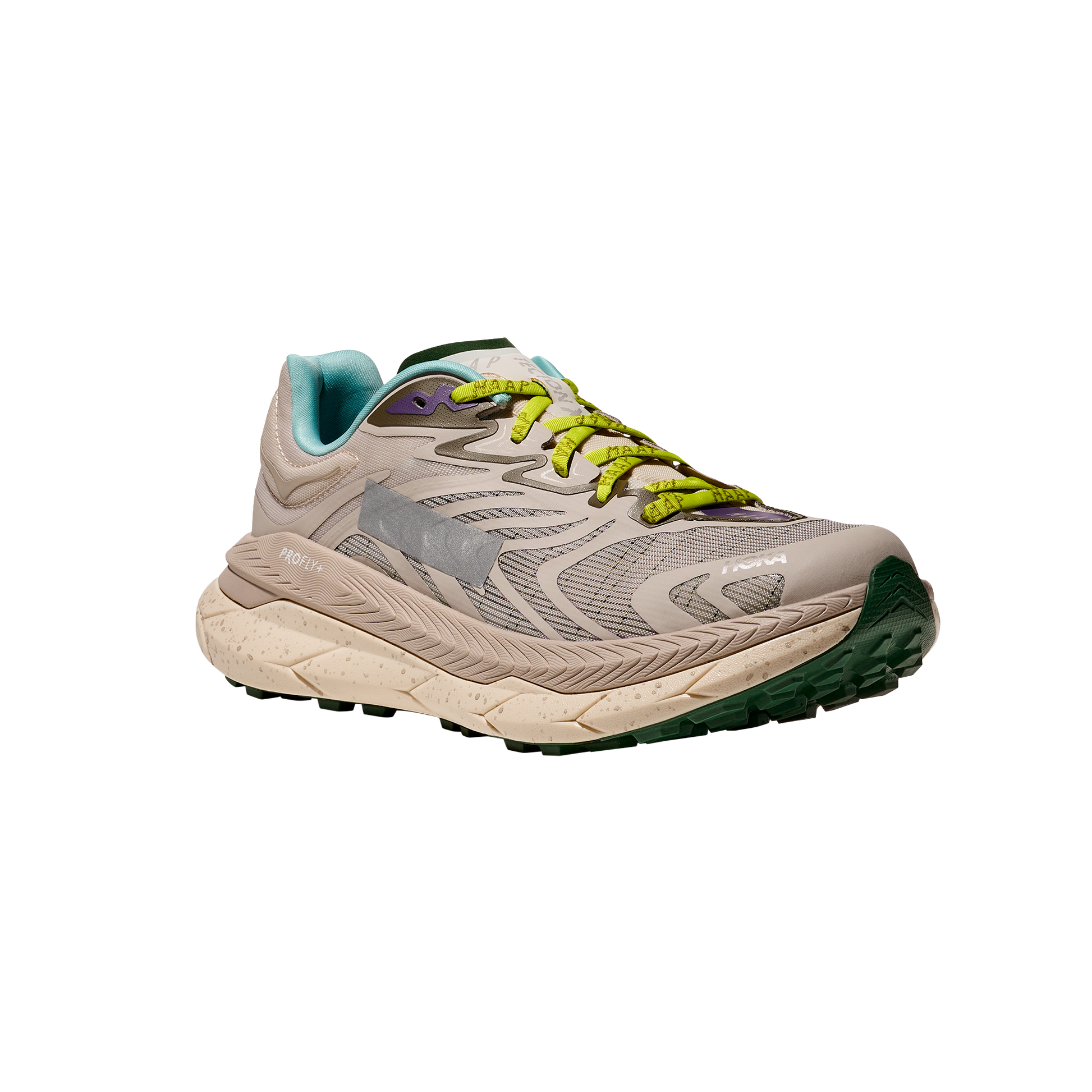 Gray Hoka x MAAP tecton x2 with green and yellow accents on a white background